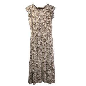 Treasure & Bond Women's Midi Dress M Floral Ruffle Sleeve Rayon Linen Blend Boho